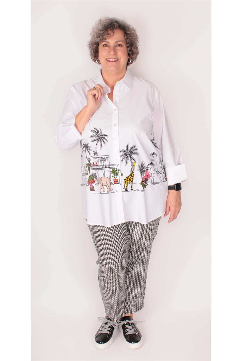 Blouse en popeline extensible à imprimé expressif